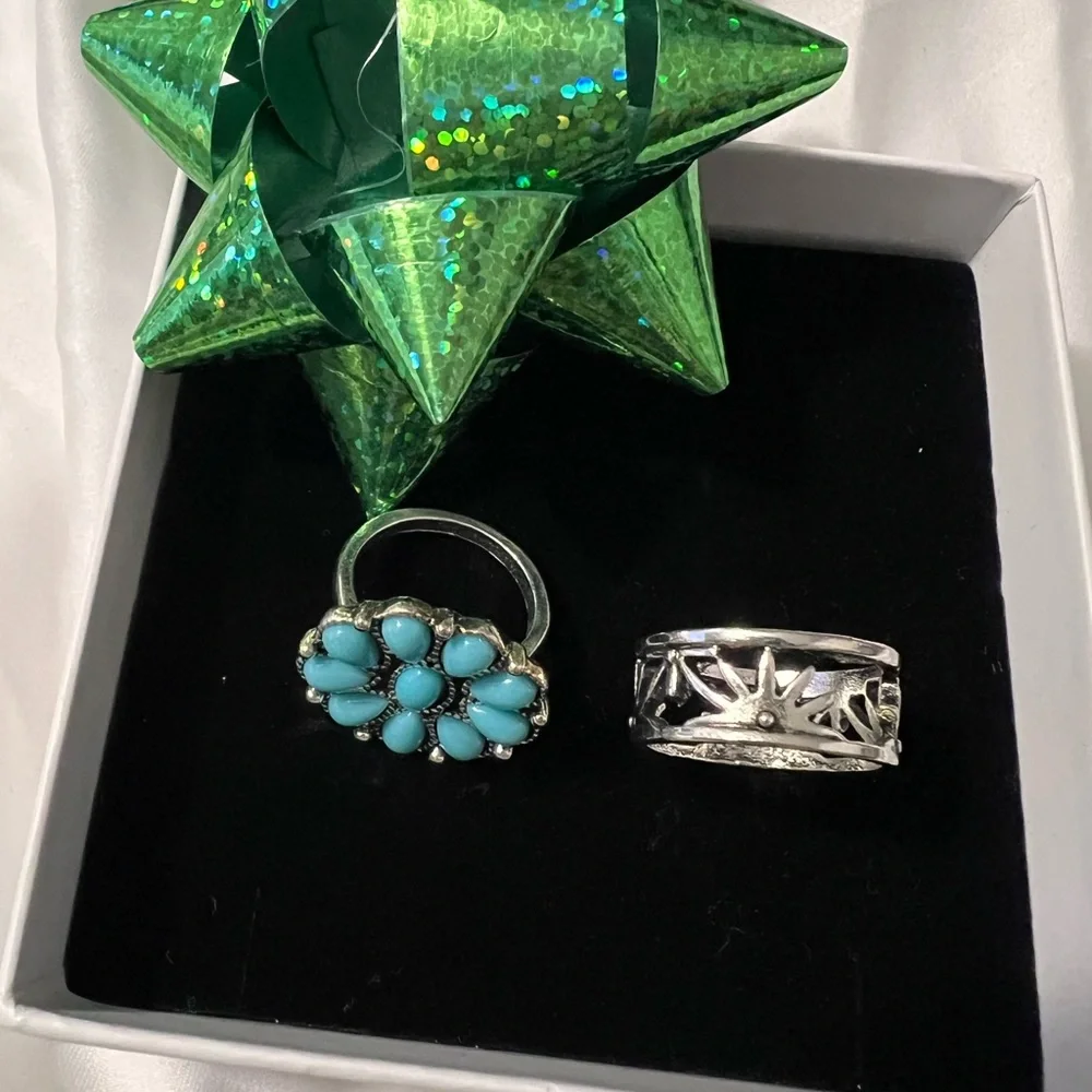 Silver and Turquoise Floral Ring Set